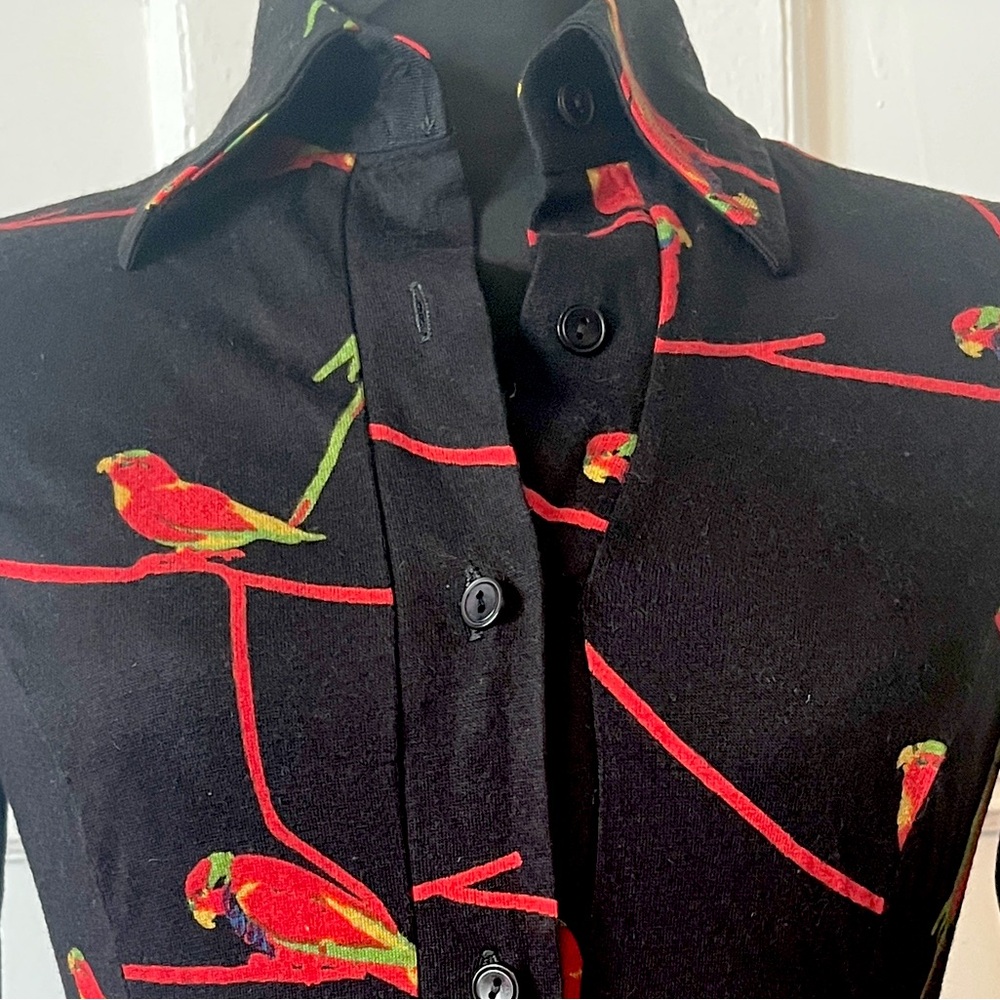 SOLD 70s Shirt Dress Bird Print Dagger Collar Sexy Dress Italy - Picture 3 of 7